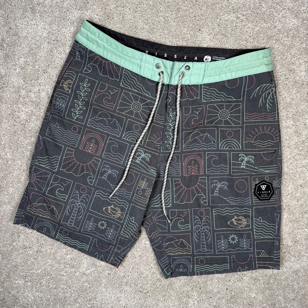 Vissla Upcycled Coconut Board Shorts Mens 32 Gray Mint Green Tropical Print